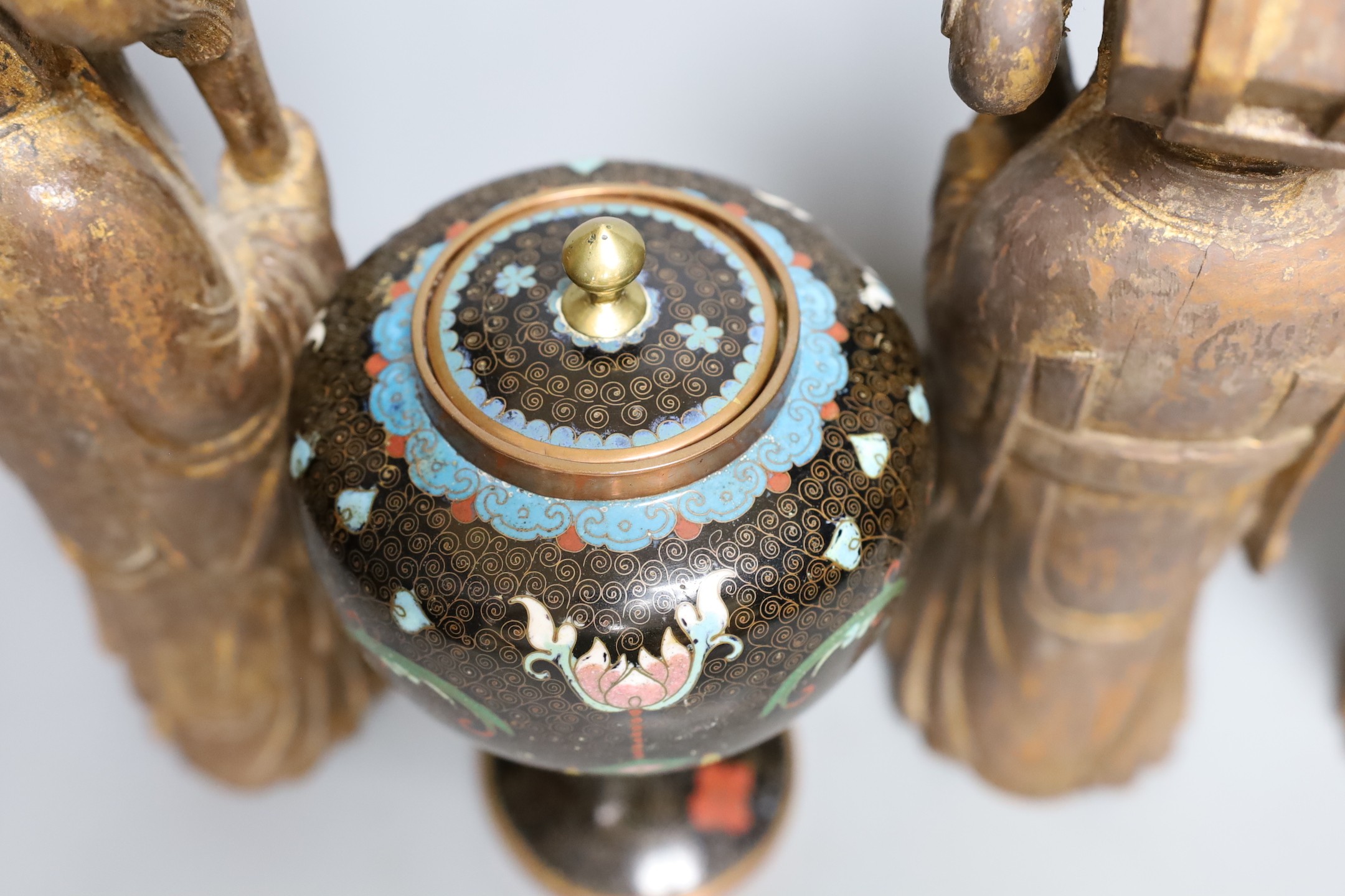 A group of three Chinese giltwood figures of the Star Gods and a Chinese cloisonne enamel jar, 33cm